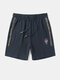 Mens Ethnic Geometric Pattern Embroidered Cotton Loose Drawstring Shorts - Navy