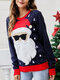Christmas Cartoon Santa Claus Contrast Color Knit Sweater - Navy