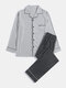 Mens Solid Color Chest Pocket Long Sleeve Shirt Elastic Waist Pants Home Pajamas - Grey