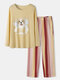 Plus Size Women Dog Print Striped Pants Loose Long Sleeve Loungewear Pajamas Sets - Yellow