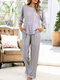 Plus Size Women Striped Loose Casual 3/4 Sleeve Pajama Sets - Grey