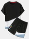 Mens Color Block Patchwork Letter Print Crew Neck Two Pieces Outfits - Black