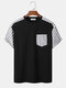 Mens Striped Patchwork Chest Pocket Short Sleeve Casual T-Shirt - Black