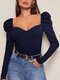 Solid Backless Puff Long Sleeve Square Collar Skinny T-shirt - Navy
