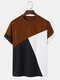 قميص رجالي بتصميم ثلاثي الألوان وخياطة محبوك بياقة دائرية وأكمام قصيرة - البرتقالي