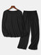 Women Modal Solid Color Lightweight Long Sleeve Plus Size Two-Piece Home Pajamas Sets - Black