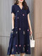 Women Loose Flower Print Short Sleeve V-neck Vintage Dress - Blue