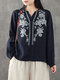 Plants Embroidery Long Sleeve V-neck Blouse For Women - Navy