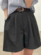 Pantalones cortos diarios de cintura alta y pierna ancha con pliegues sólidos - Gris oscuro