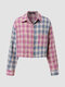 Botão de lapela de bolso xadrez de cor contrastante para baixo Camisa - roxa