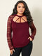 Plus Size Turtleneck Cut Out Lace Long Sleeves Blouse - Red