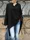 Solide Damen-Bluse mit gekerbtem Ausschnitt, hohem und niedrigem Saum und langen Ärmeln - Schwarz