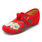 Embroidery Floral Hollow Out Canvas Flat Vintage Shoes - Red