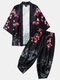 Mens Japanese Style Crane Print Drawstring Kimono & Drawstring Pants Outfits - Black