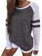 Striped Casual Patchwork O-neck Long Sleeve Plus Size T-shirt - Dark Grey
