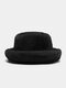 Women Plush Solid Color Thickened Warmth Curled Vintage British Top Hat Bucket Hat - Black