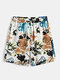Men Art Style Floral Graphic Drawstring Moisture Wicking Mid Length Board Shorts - Apricot