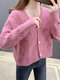 Plus Size Solid Argyle Pattern Button Knitted V-neck Cardigan - Pink