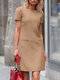 Vestido feminino liso com decote redondo casual manga curta - Cáqui