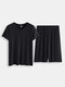 Men Plain Short Sleeve Pajamas Set Two Pieces Casual Loungewear - Black