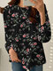 Damen-Bluse mit Blumen- und Pflanzendruck, Rundhalsausschnitt und langen Ärmeln - Schwarz