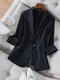 Solid Pocket 3/4 Sleeve Lapel Blazer For Women - Black