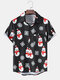 Mens Christmas Snowflake Snowman Print Button Up Casual Short Sleeve Shirts - Black