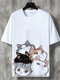 Mens Cute Cartoon Cat Print Crew Neck Short Sleeve T-Shirts Winter - White