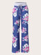 Plus Size Calico Pattern Knotted Patchwork Wide Leg Pants - Navy