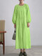 Solid Color Casual O-neck Long Lantern Sleeve Pleated Dress - Green