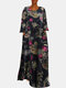 Leaves Print Long Sleeve Loose Vintage Maxi Dress For Women - Navy