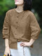 Women Solid Button Front Cotton Casual 3/4 Sleeve Shirt - Khaki