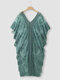 Solid Lace Hollow V-neck Dolman Sleeve Beach Cover-up Dress - Green