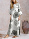 Split Wood Grain Print Long Sleeve Plus Size Dress - White