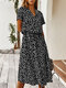 Bohemian Dot Print Short Sleeve Button Drawstring V-neck Holiday Dress - Black