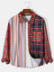 Mens Colorful Striped & Plaid Patchwork Lapel Long Sleeve Shirts - Red
