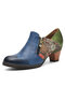 Socofy Mocassins à glissière latérale en cuir véritable Chaussures décontractées à blocs de couleur à fleurs Talons confortables - bleu