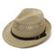 Men's Flat Brim Straw Solid Hollow Breathable Classic Vintage Jazz Hat Travel Sun Cap - Yellow