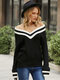 Contrast Color Long Sleeve V-neck Casual Women Sweater - Black