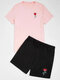 Mens 100% Cotton Rose Pattern Short Sleeve Elastic Waist Black Outfits - Pink