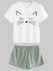 Women Cat Print Short Sleeve Casual Pajamas Women Loose Loungewear - White