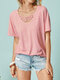 Women Solid Color V-neck Cross Front Short Sleeve Casual T-Shirt - Pink