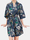 Plus Size Women Faux Silk Smooth Flower Printed Half Sleeves Robes Sleepwear With Belt - Navy