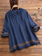 Vintage Embroidery V-neck Solid Long Sleeve Plus Size Shirt - Navy