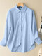 Cotton Solid Lapel Button Front Long Sleeve Loose Shirt - Blue