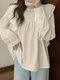 Ruffle Solid Long Sleeve Crew Neck Blouse - Apricot