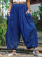 Solid Color Elastic Waist Loose Pants For Women - Blue