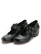 Socofy Genuine Leather Floral Embellished Hook & Loop Soft Comfy Round Toe Retro Mary Jane Heels - Black
