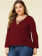 Casual Solid Color V-neck Elastic Sleeve Plus Size Blouse for Women - Wine Red