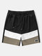 Mens Color Block Patchwork Applique Preppy Drawstring Shorts - Black